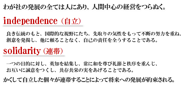 わが社の発展の全ては人にあり、人間中心の経営をつらぬく。independence（自立）良き伝統のもと、国際的な視野にたち、先取りの気性をもって普段の努力を重ね、相違を発揚し、他に頼ることなく、自己の責任を全うすることである。solidarity（連帯）一つの目的に対し、英知を結集し、常に和を尊び礼節と秩序を重んじ、お互いに誠意をつくし、共存共栄の実をあげることである。かくして自立した個々が連帯することによって将来への発展が約束される。